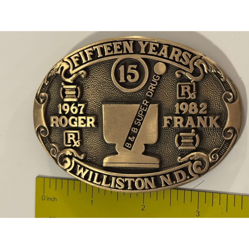 Vintage B & B Super Drug Williston ND 15 Year Brass Belt Buckle ADM 1967-1982